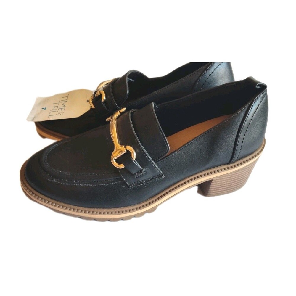 Black Block Heel Round Toe Loafers Memory Foam Women's Size 7 Shoes